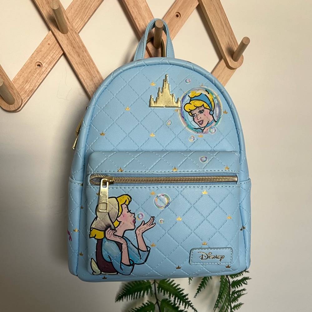 Disney Light Blue Quilted and Hand-Painted Cinderella Mini Backpack Custom Art